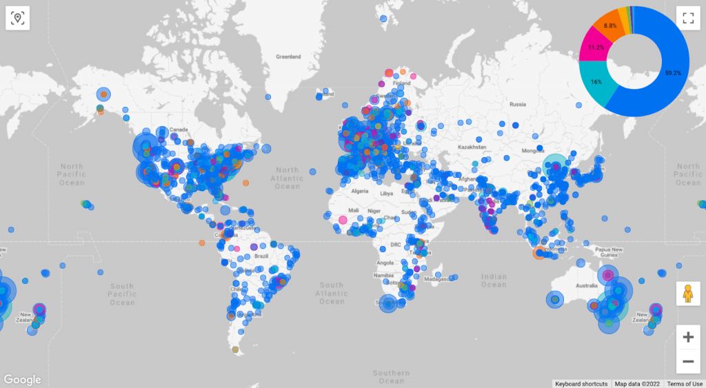 A map showing the location of institutions hosting authors cited by the IPCC AR6 working group 2 report